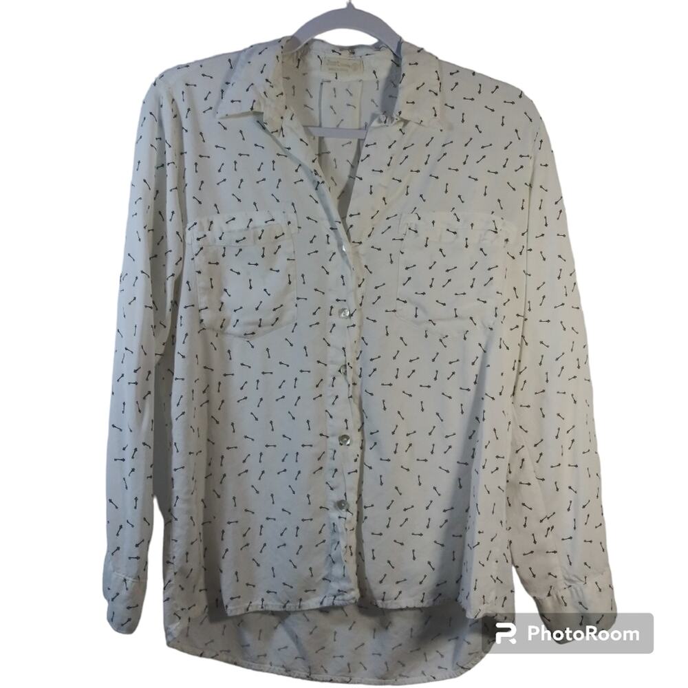 Just Living Novelty Key Print Long Sleeve Button Front Bouse Top Size S